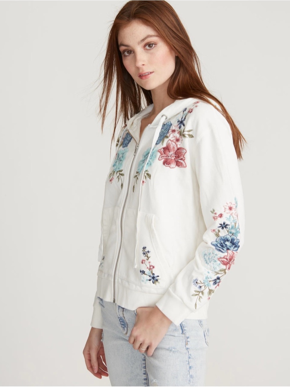White Floral Embroidered Zip Hoodie Jacket by DRIFTWOOD